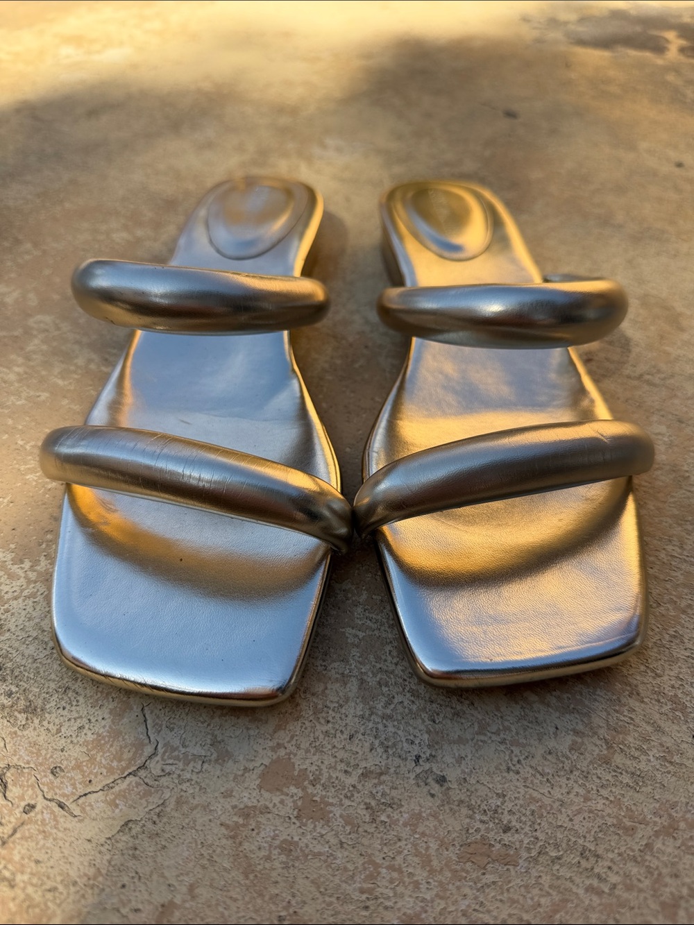 Padded Double-Strap Square-Toe Sandals in Gold